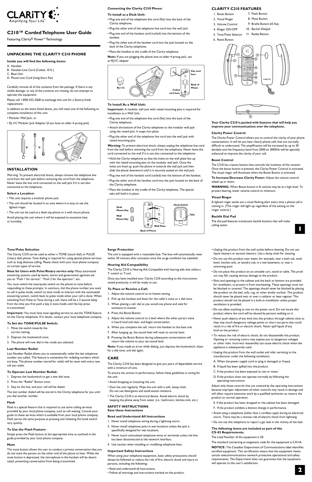 Clarity important safety instructions C210 Corded Telephone User Guide, Unpacking the Clarity C210 Phone, Installation 