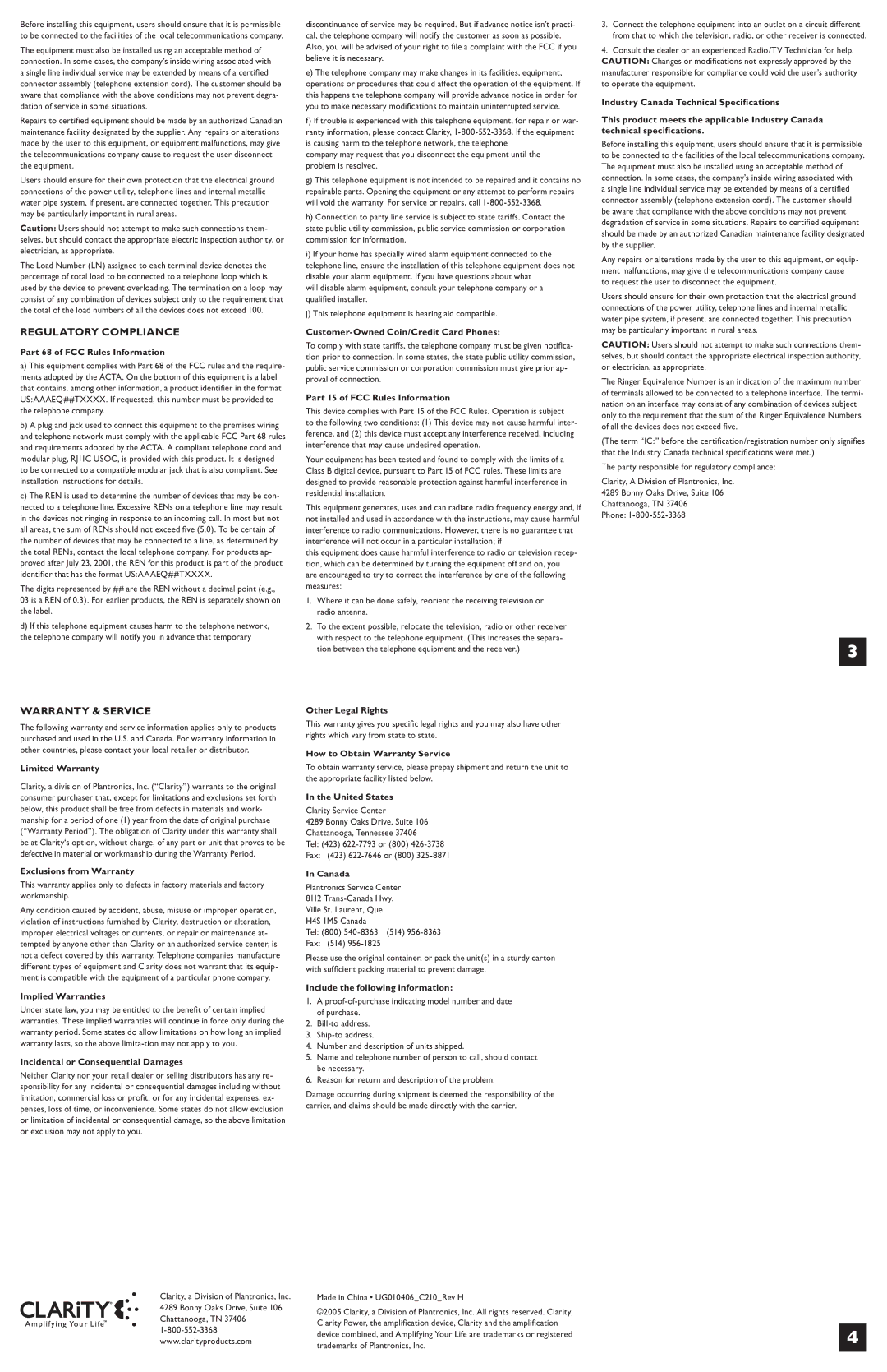 Clarity C210 important safety instructions Regulatory Compliance, Warranty & Service 