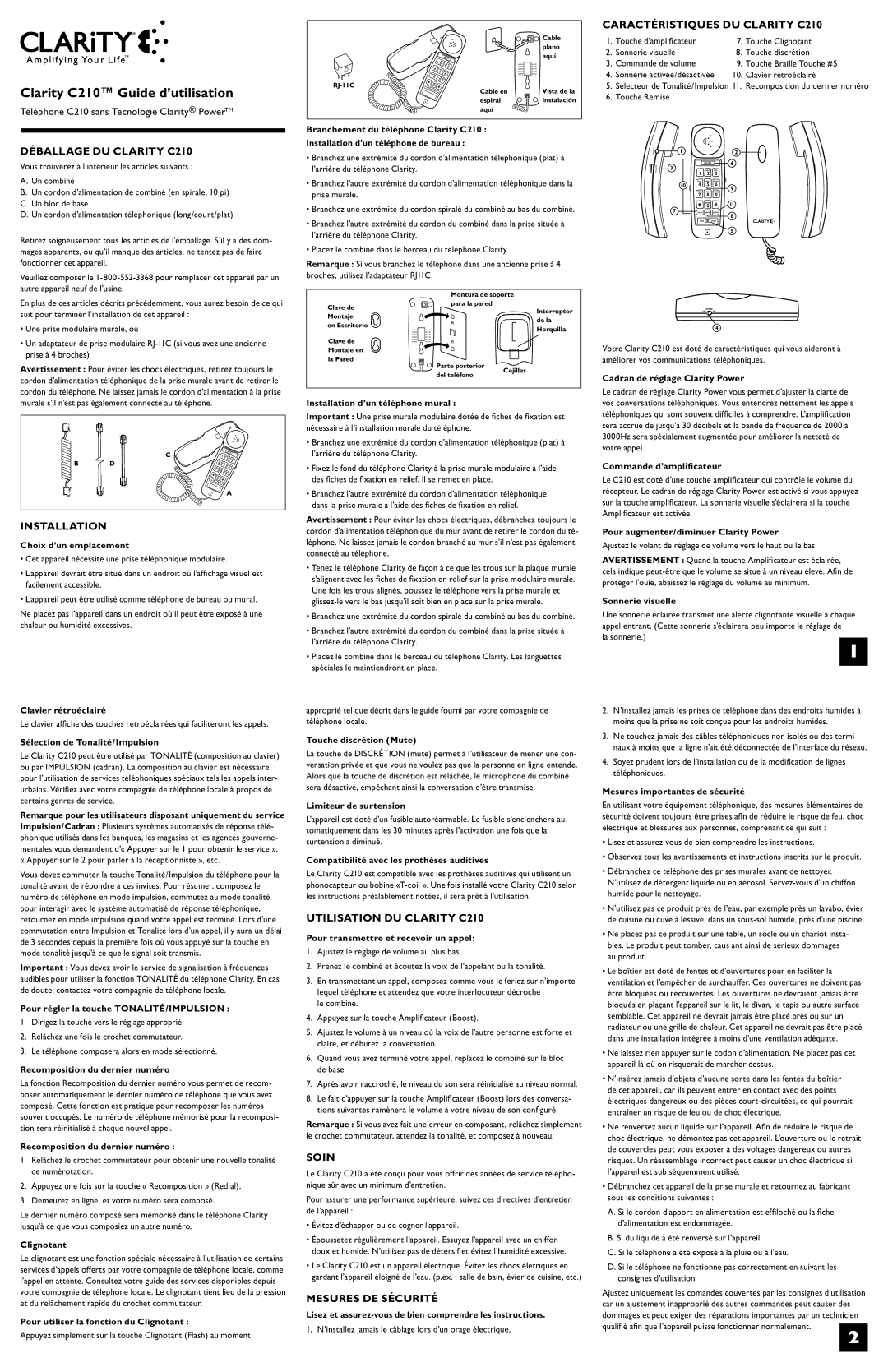 Clarity important safety instructions Clarity C210 Guide d’utilisation 