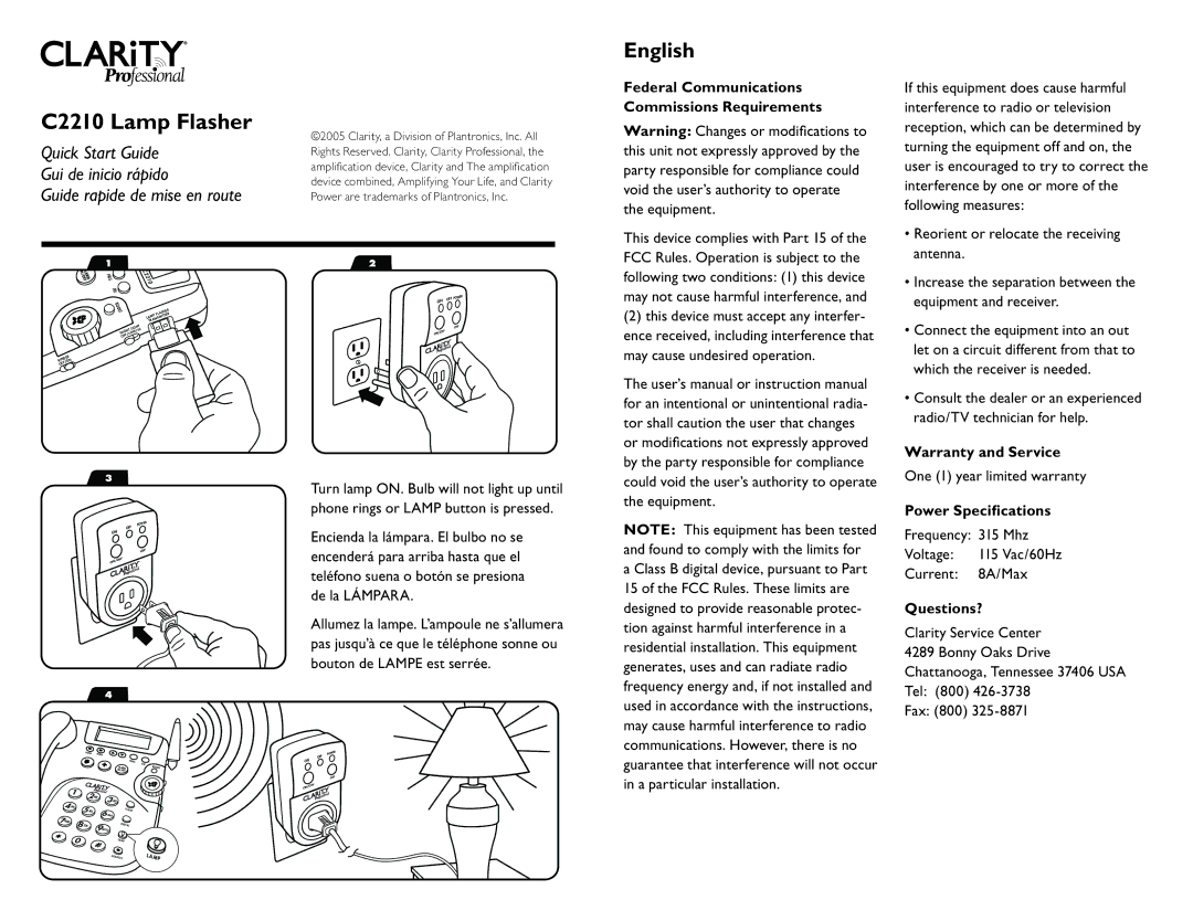 Clarity c2210 quick start C2210 Lamp Flasher, English, Guide rapide de mise en route 