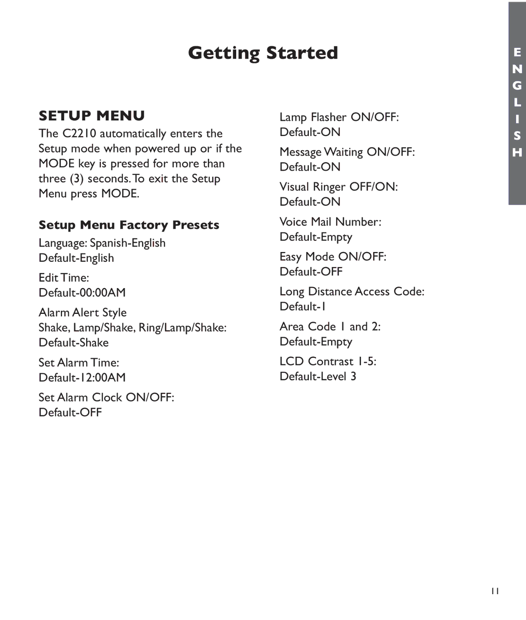 Clarity c2210 manual Setup Menu Factory Presets 