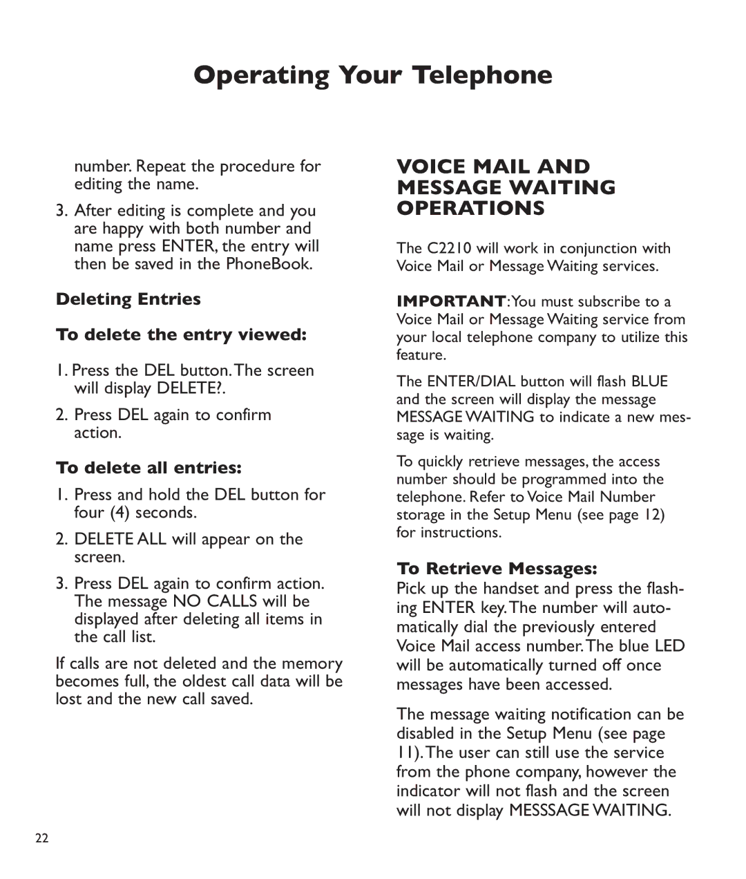 Clarity c2210 Voice Mail Message Waiting Operations, Deleting Entries To delete the entry viewed, To delete all entries 