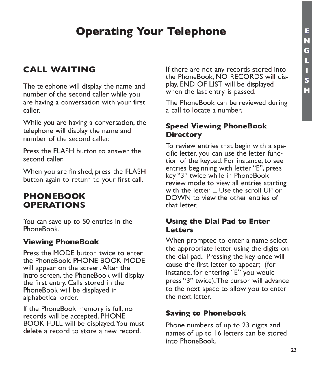 Clarity c2210 manual Call Waiting, Phonebook Operations, Speed Viewing PhoneBook Directory 