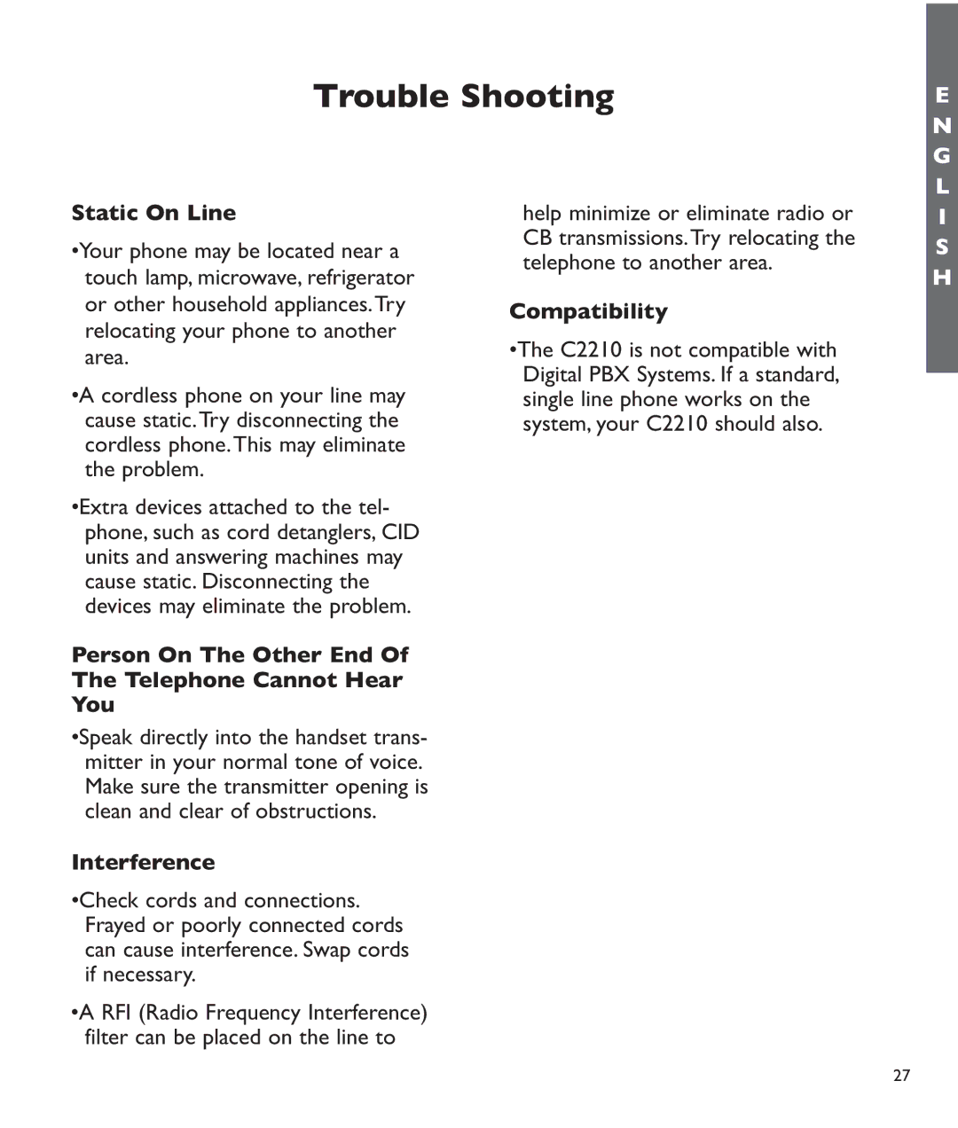 Clarity c2210 manual Static On Line, Person On The Other End Telephone Cannot Hear You, Interference, Compatibility 