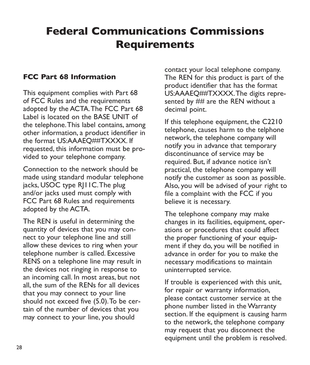 Clarity c2210 manual Federal Communications Commissions Requirements, FCC Part 68 Information 