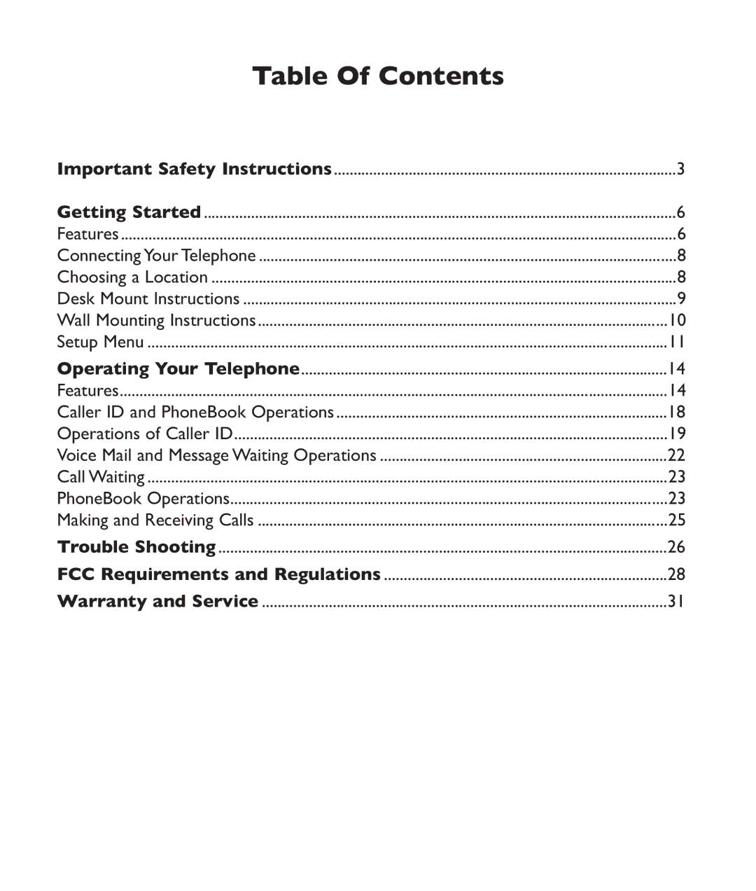 Clarity c2210 manual Table Of Contents 