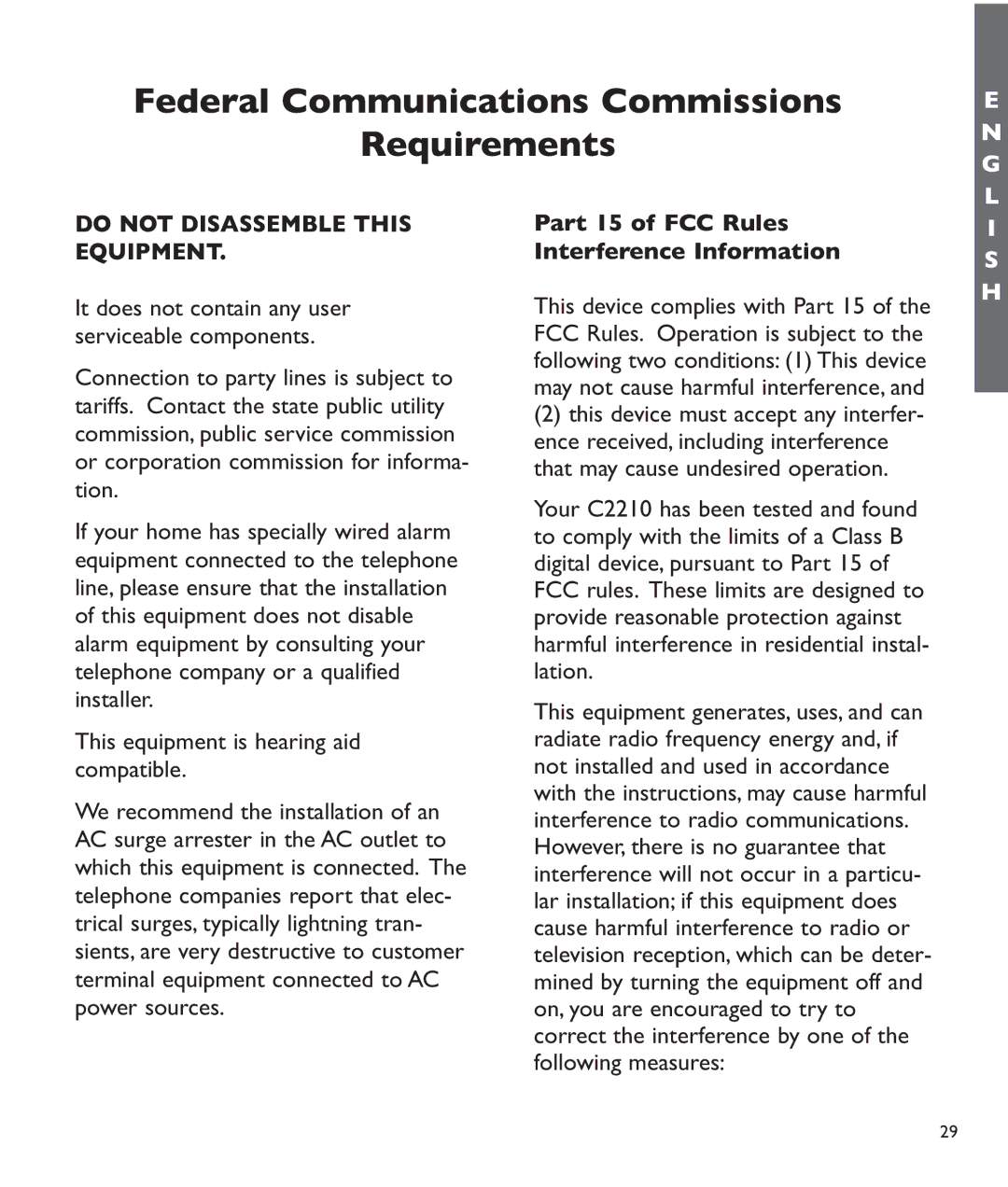 Clarity c2210 manual Do not Disassemble this Equipment, Part 15 of FCC Rules Interference Information 