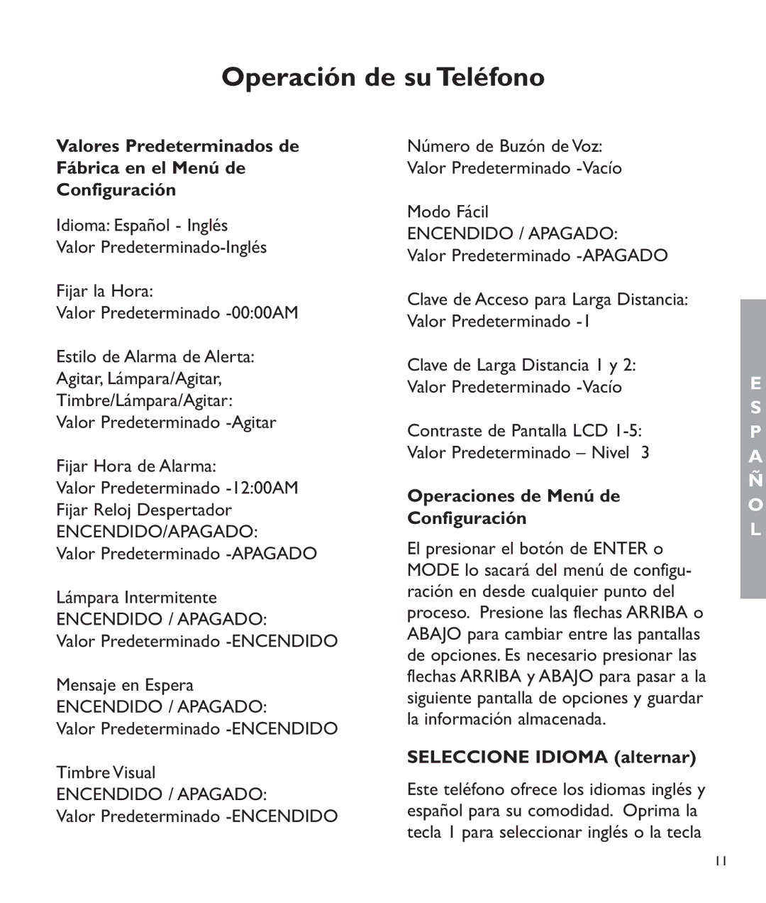 Clarity c2210 manual Operación de su Teléfono, Operaciones de Menú de Configuración, Seleccione Idioma alternar 