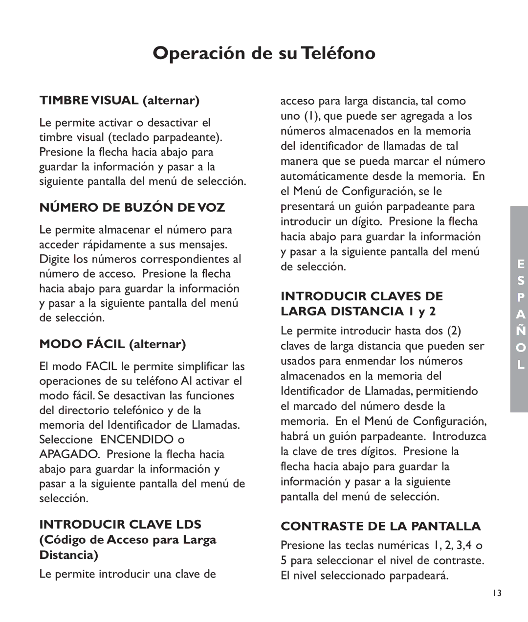 Clarity c2210 Timbre Visual alternar, Modo Fácil alternar, Introducir Clave LDS Código de Acceso para Larga Distancia 