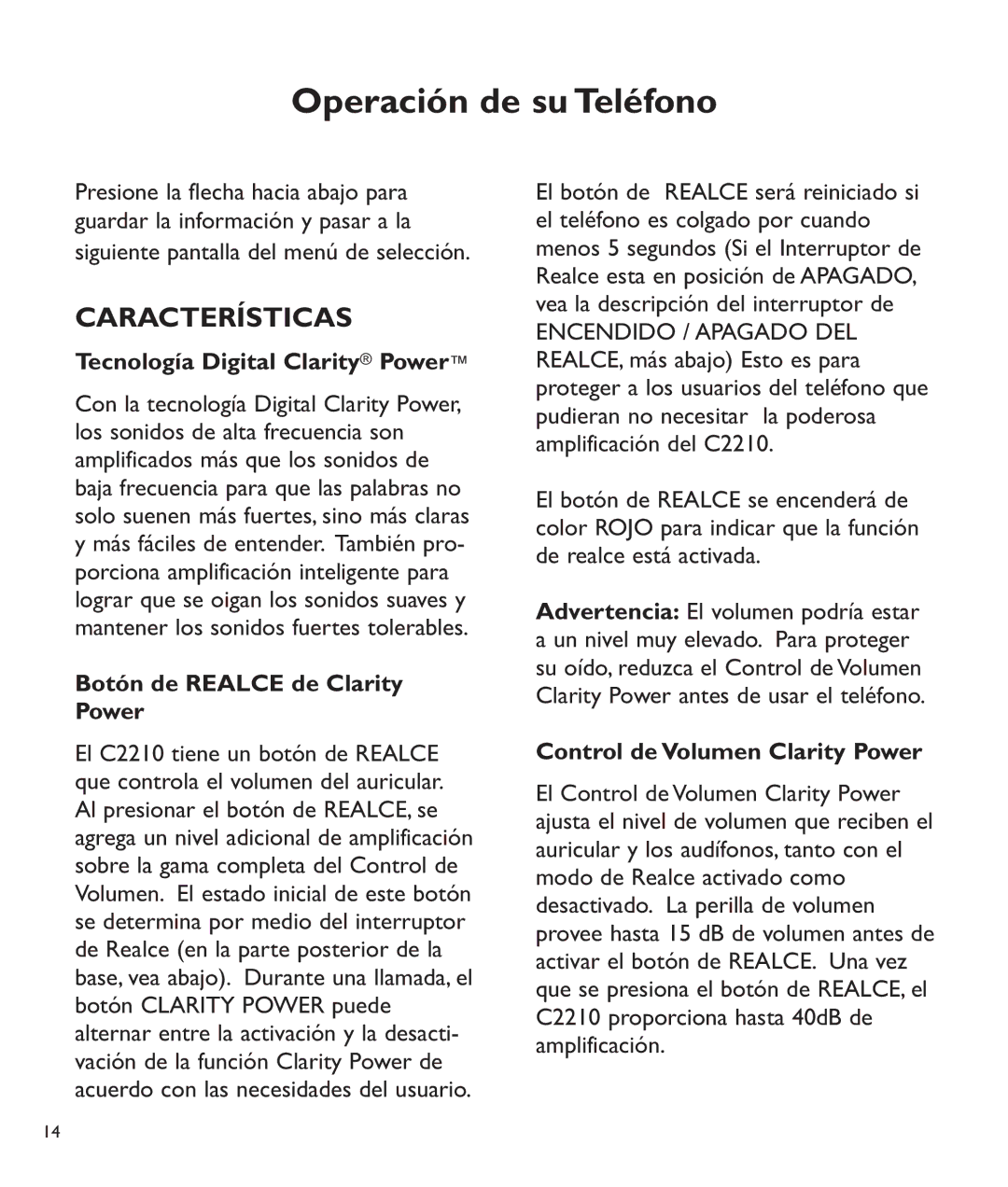 Clarity c2210 manual Características, Tecnología Digital Clarity Power, Botón de Realce de Clarity Power 