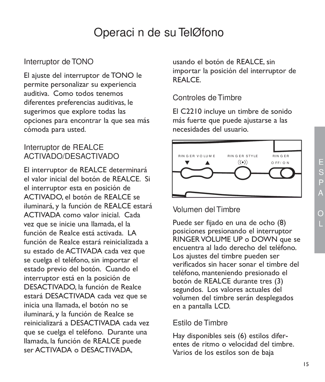 Clarity c2210 Interruptor de Tono, Interruptor de Realce ACTIVADO/DESACTIVADO, Controles de Timbre, Volumen del Timbre 