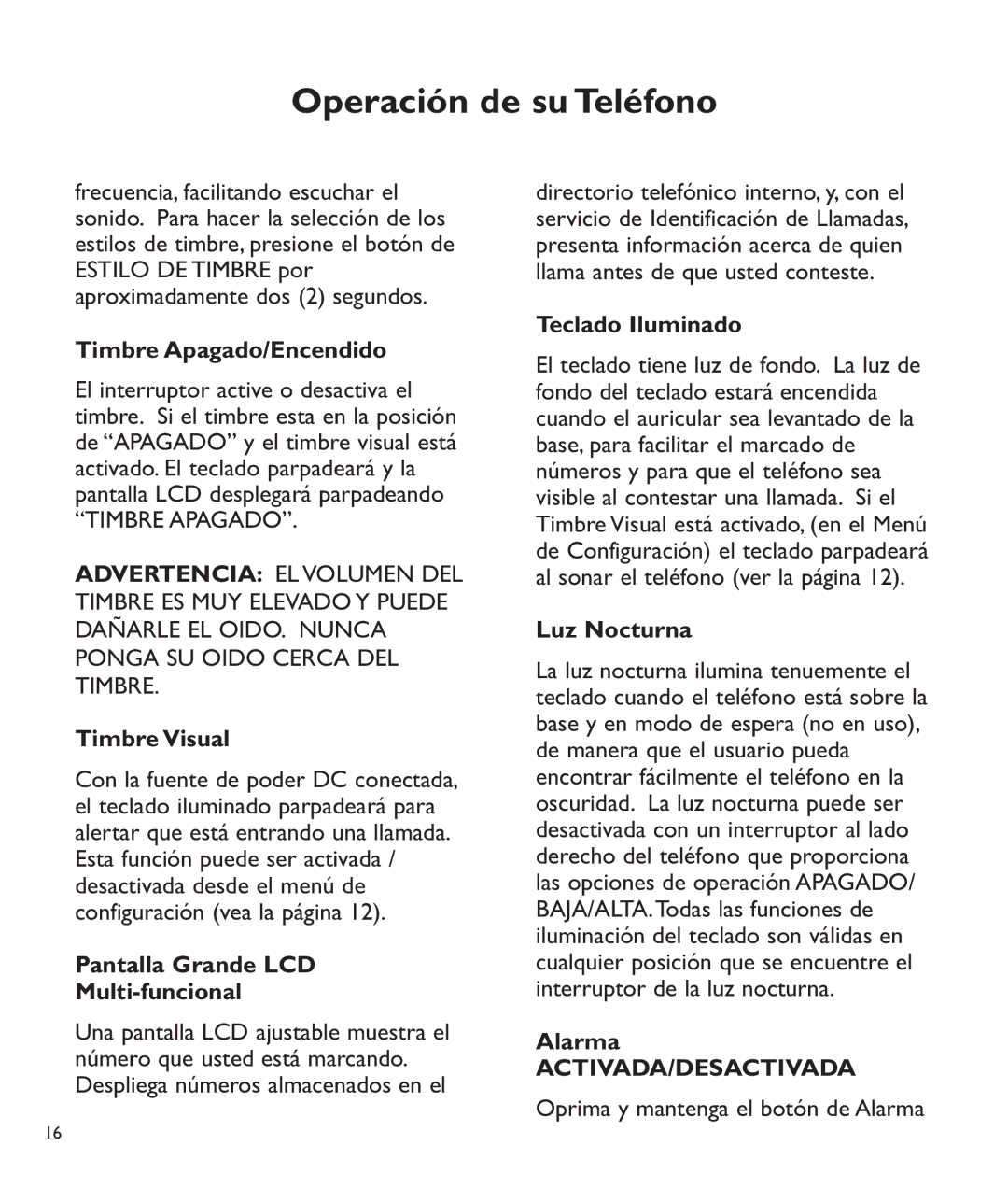 Clarity c2210 Timbre Apagado/Encendido, Timbre Visual, Pantalla Grande LCD Multi-funcional, Teclado Iluminado, Alarma 