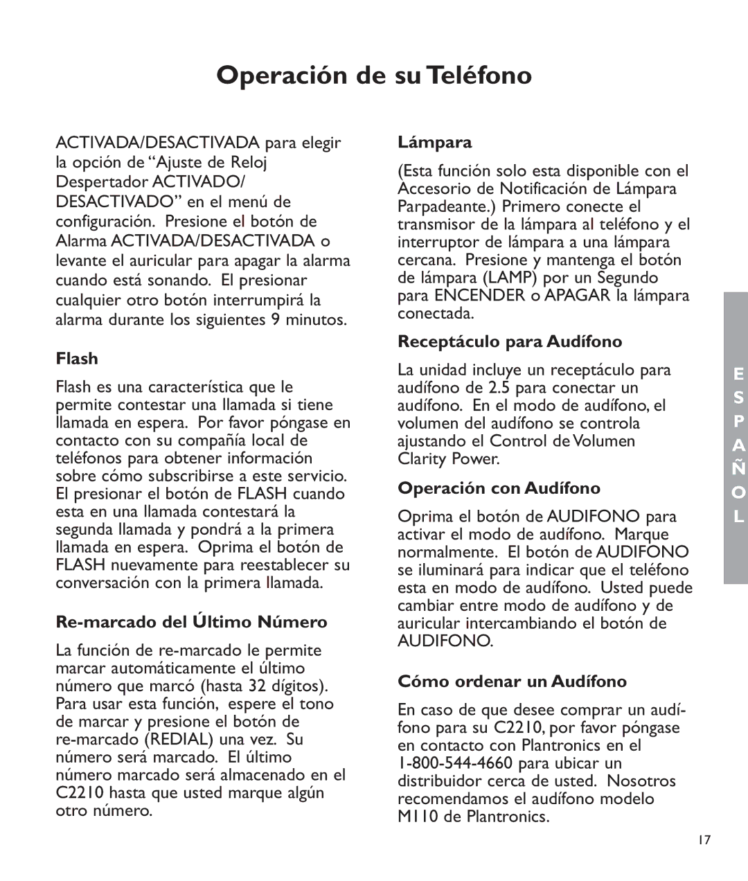 Clarity c2210 manual Re-marcado del Último Número, Lámpara, Receptáculo para Audífono, Operación con Audífono 