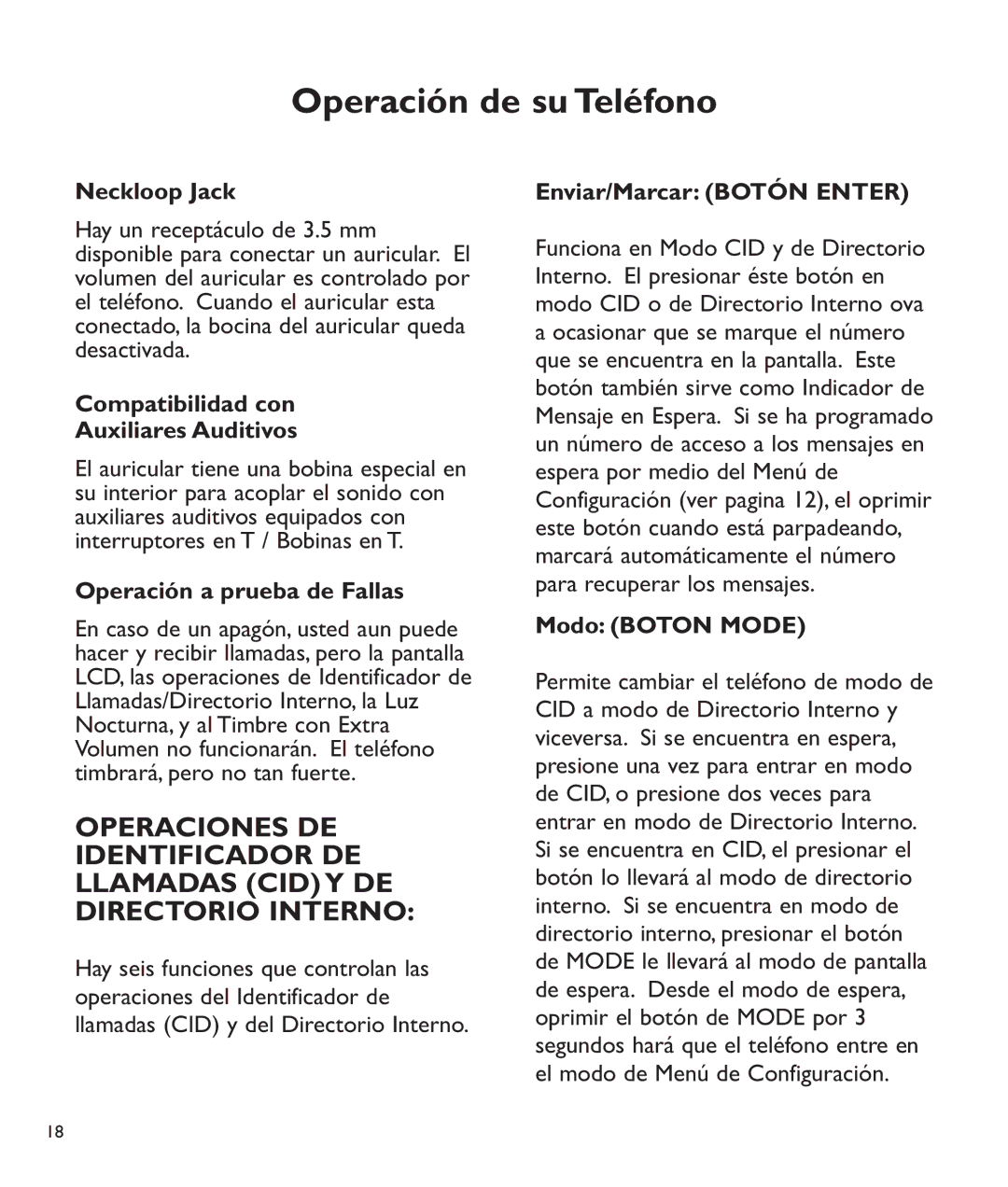 Clarity c2210 manual Compatibilidad con Auxiliares Auditivos, Operación a prueba de Fallas, Enviar/Marcar Botón Enter 