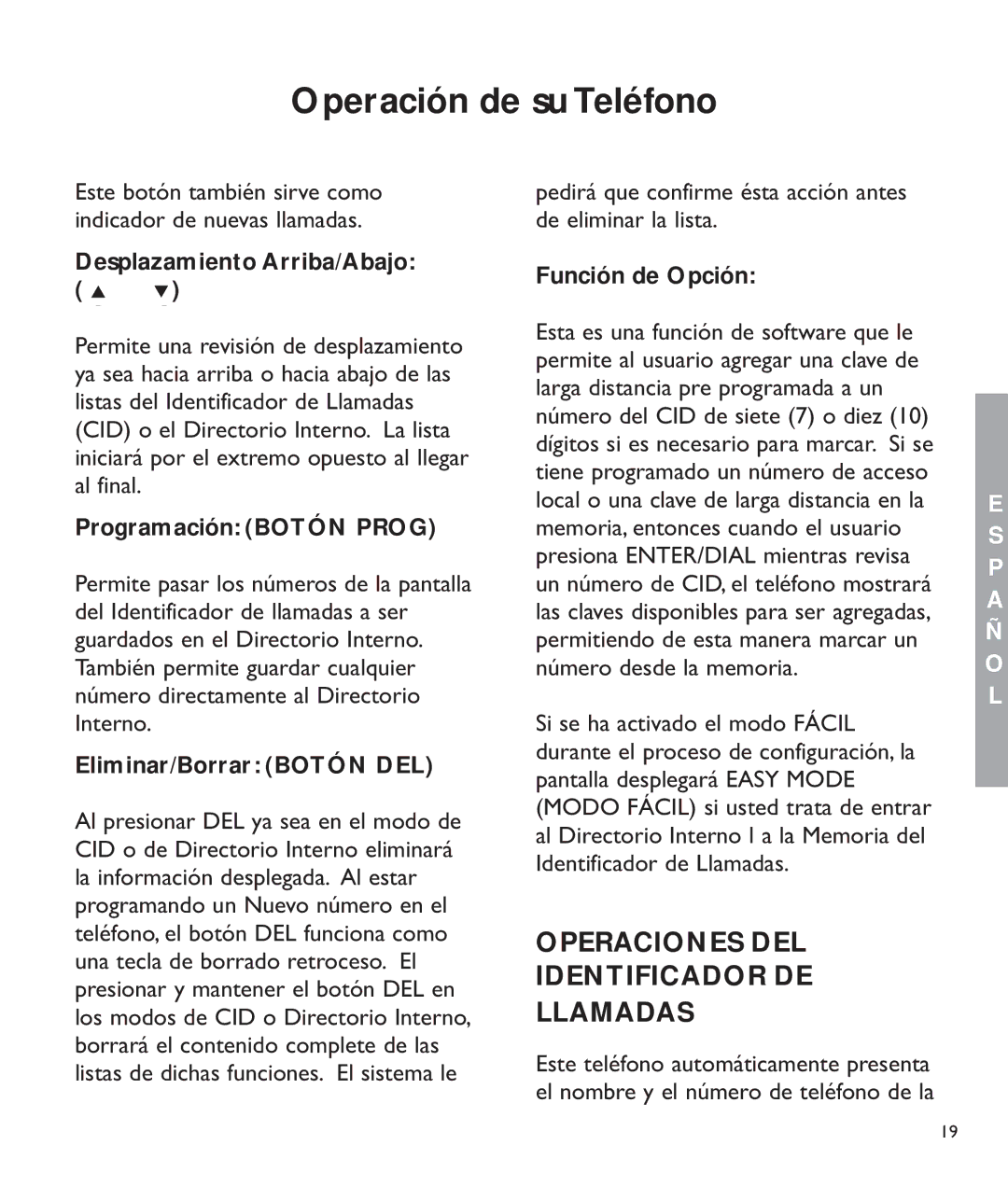 Clarity c2210 manual Operaciones DEL Identificador DE Llamadas, Desplazamiento Arriba/Abajo, Programación Botón Prog 