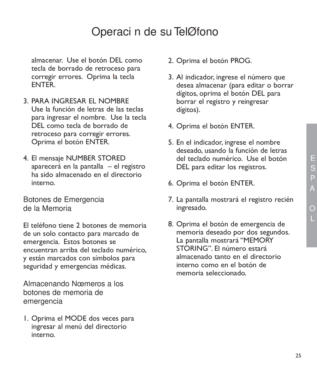 Clarity c2210 manual Botones de Emergencia de la Memoria, Almacenando Números a los botones de memoria de emergencia 