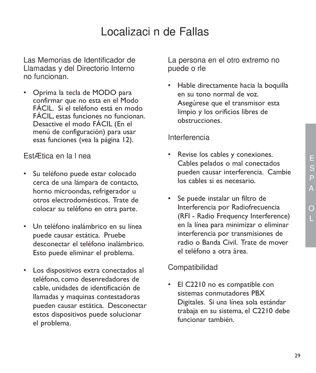 Clarity c2210 manual Estática en la línea, La persona en el otro extremo no puede oírle, Interferencia, Compatibilidad 