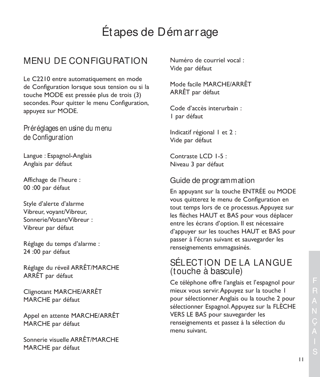 Clarity c2210 manual Menu DE Configuration, Préréglages en usine du menu de Configuration, Guide de programmation 