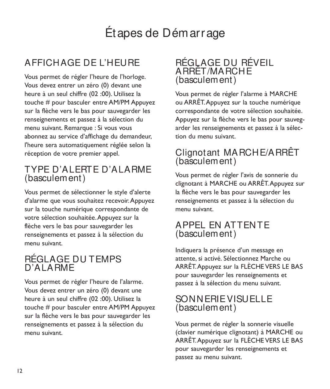 Clarity c2210 manual Affichage DE L’HEURE, Réglage DU Temps ’ALARME 