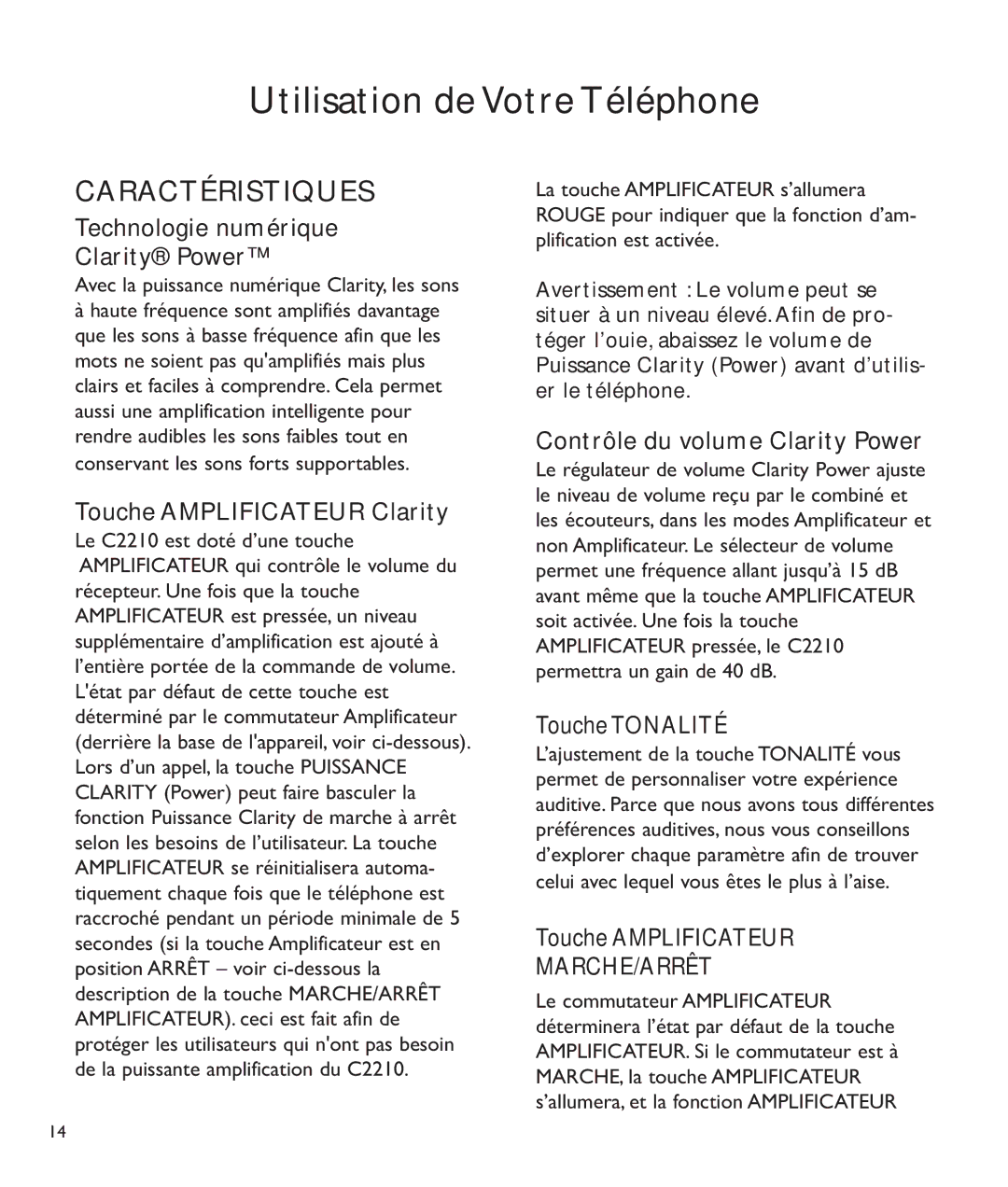 Clarity c2210 manual Utilisation de Votre Téléphone, Caractéristiques 