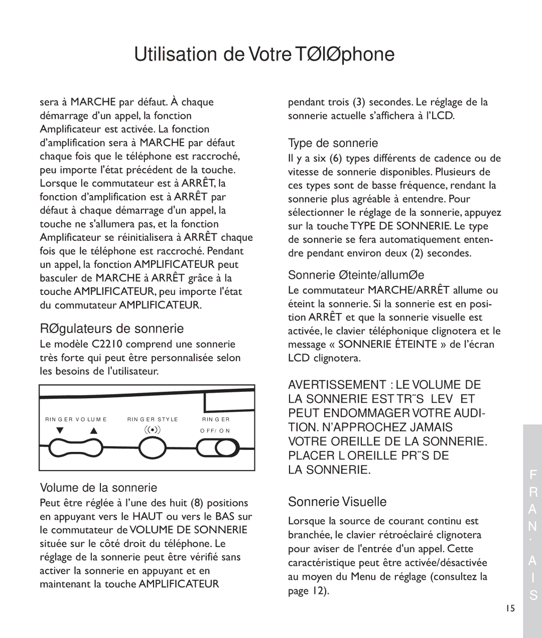 Clarity c2210 manual Régulateurs de sonnerie, Sonnerie Visuelle 