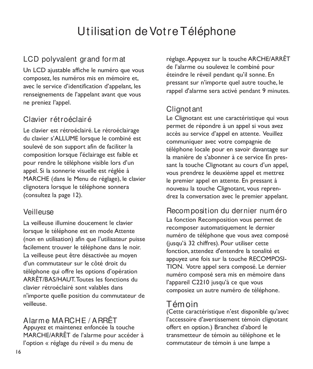 Clarity c2210 manual LCD polyvalent grand format, Clavier rétroéclairé, Veilleuse, Alarme Marche / Arrêt, Clignotant 