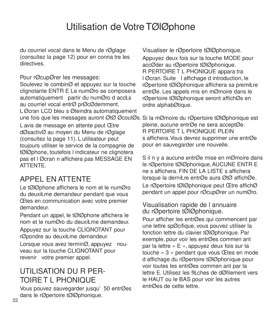 Clarity c2210 manual Appel EN Attente, Utilisation DU RÉPER- Toire Téléphonique 