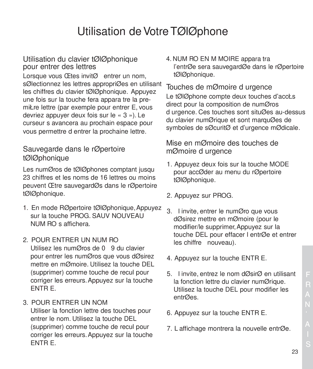 Clarity c2210 manual Utilisation du clavier téléphonique pour entrer des lettres, Touches de mémoire d’urgence 