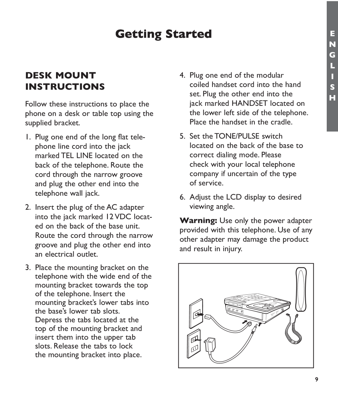 Clarity c2210 manual Desk Mount Instructions, Getting Started, E N G L, I S H 