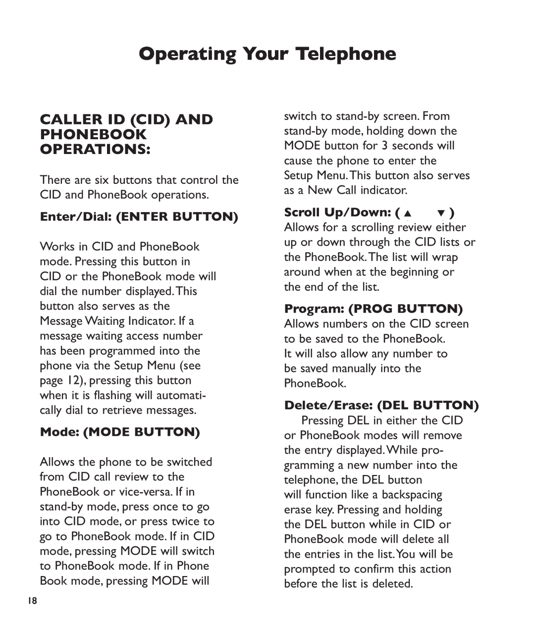 Clarity c2210 Caller Id Cid And Phonebook Operations, Enter/Dial ENTER BUTTON, Mode MODE BUTTON, Operating Your Telephone 