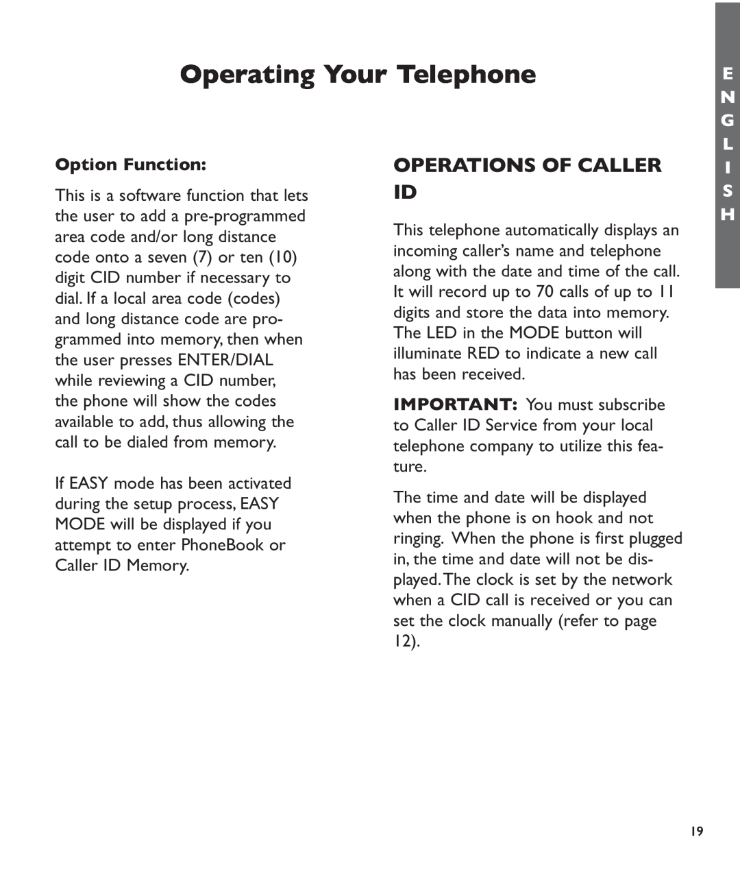 Clarity c2210 manual Operations Of Caller Id, Option Function, Operating Your Telephone, E N G L, I S H 