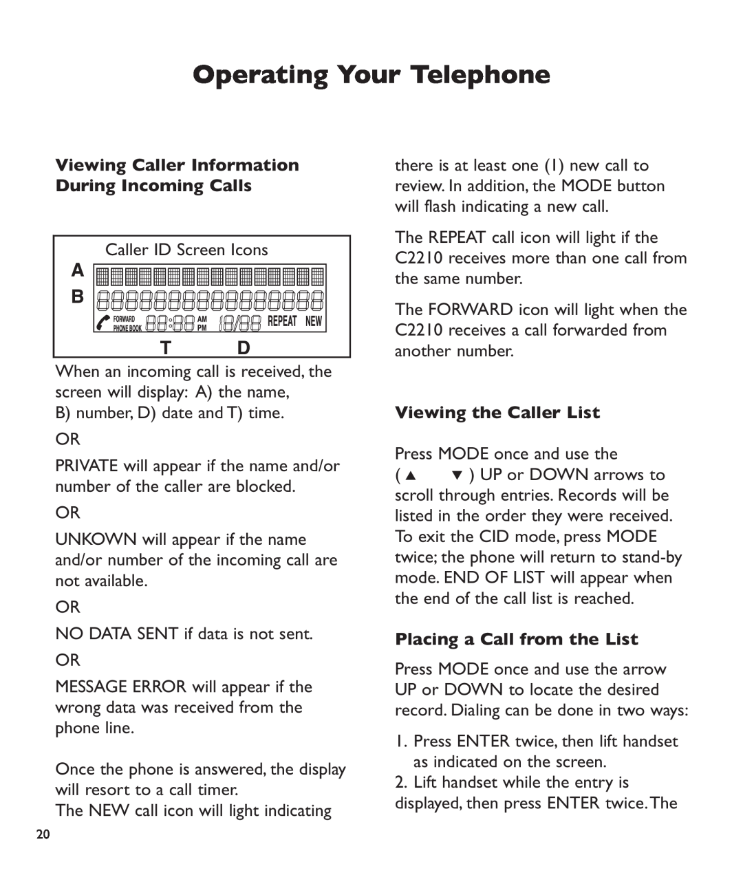 Clarity c2210 Viewing Caller Information During Incoming Calls, Viewing the Caller List, Placing a Call from the List 