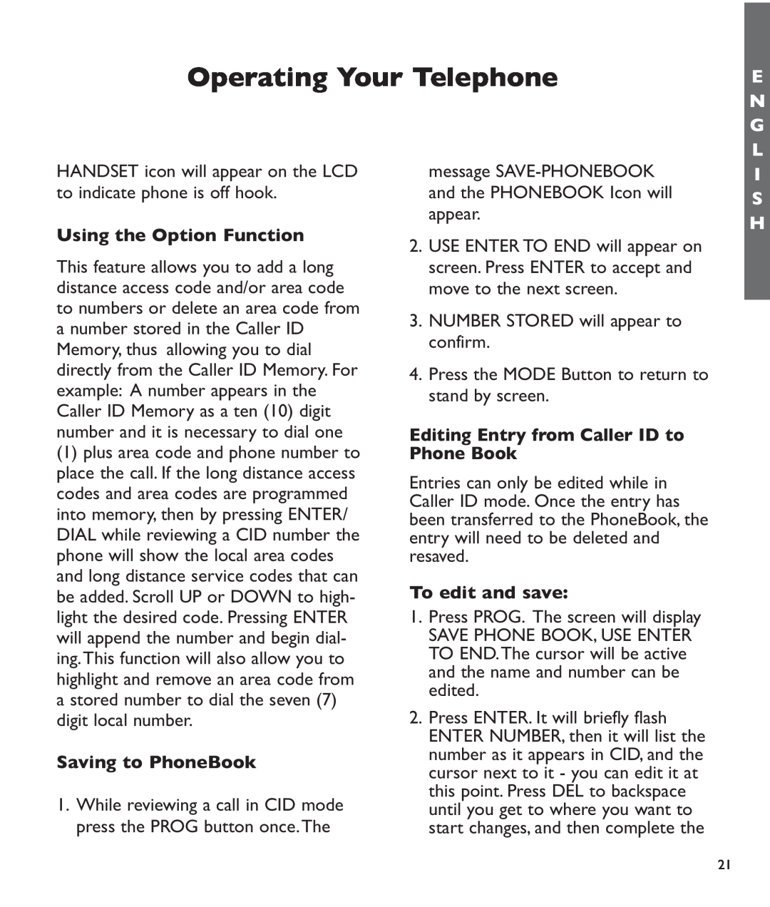 Clarity c2210 Using the Option Function, Saving to PhoneBook, Editing Entry from Caller ID to Phone Book, To edit and save 