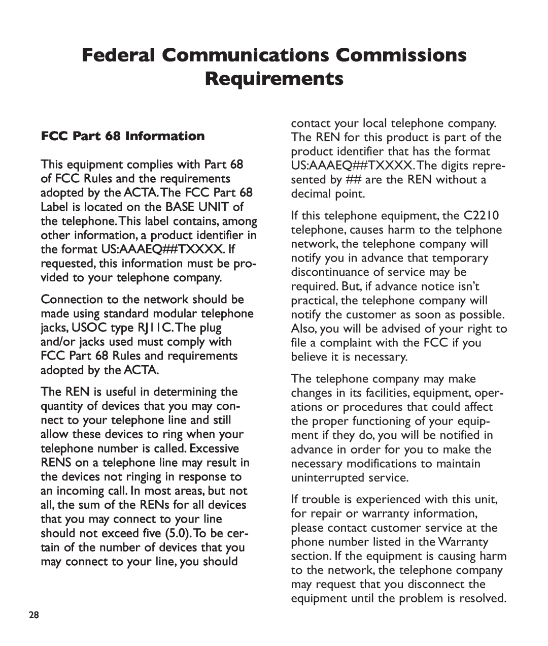 Clarity c2210 manual Federal Communications Commissions Requirements, FCC Part 68 Information 