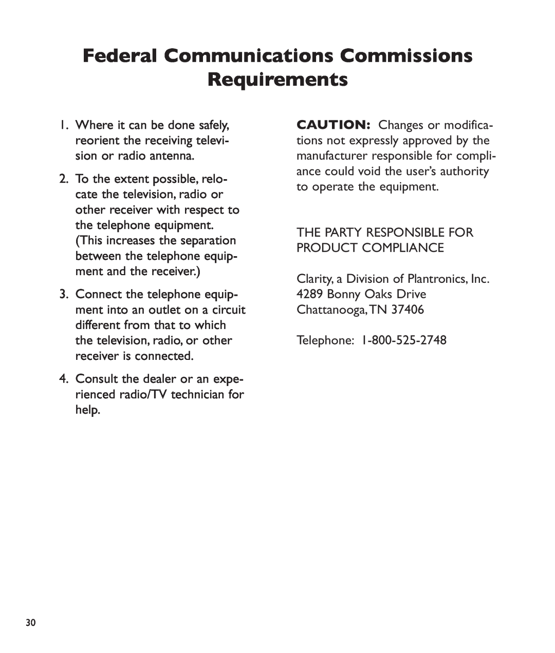 Clarity c2210 manual Federal Communications Commissions Requirements 