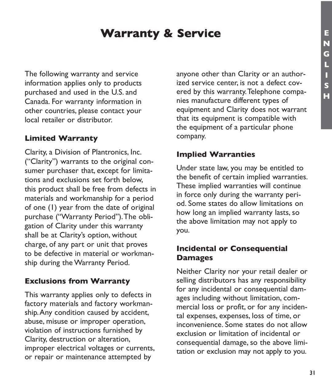 Clarity c2210 manual Warranty & Service, Limited Warranty, Exclusions from Warranty, Implied Warranties, E N G L, I S H 