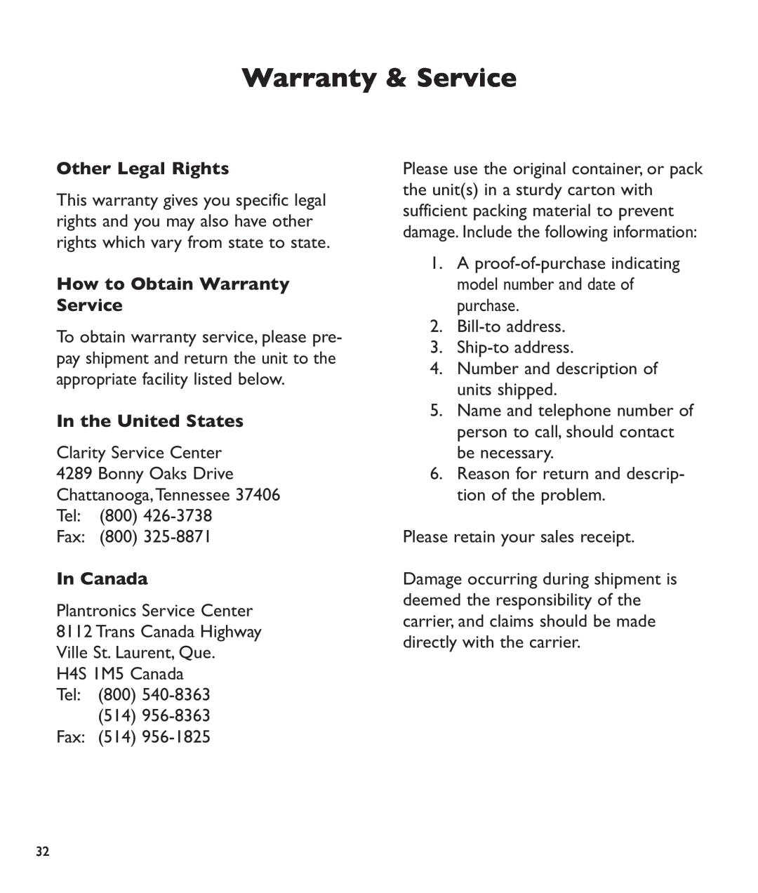 Clarity c2210 Other Legal Rights, How to Obtain Warranty Service, In the United States, In Canada, Warranty & Service 