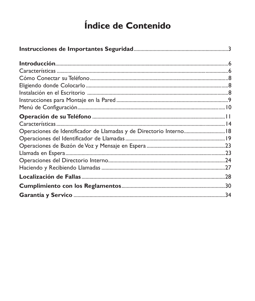 Clarity c2210 manual Índice de Contenido, Operaciones de Identificador de Llamadas y de Directorio Interno 