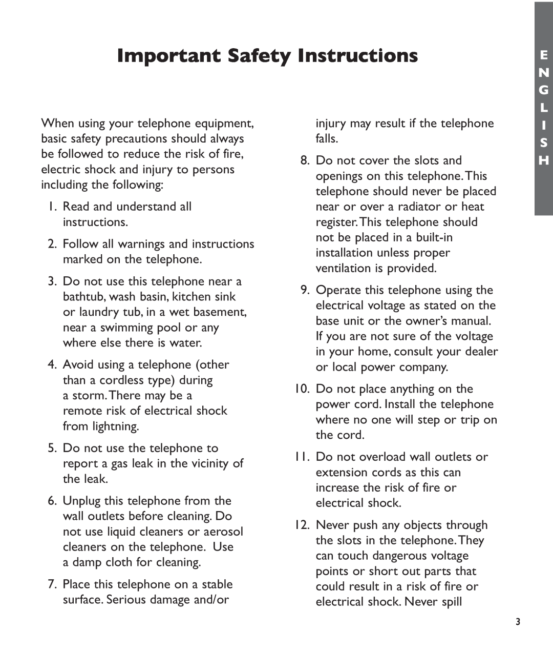Clarity c2210 manual Important Safety Instructions, E N G L, I S H 