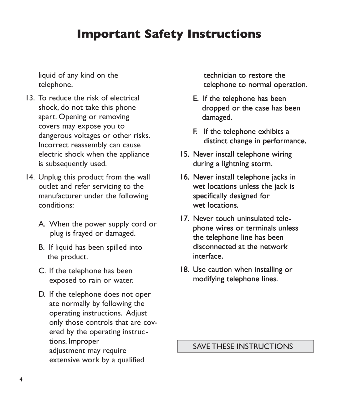 Clarity c2210 manual Important Safety Instructions, liquid of any kind on the telephone 