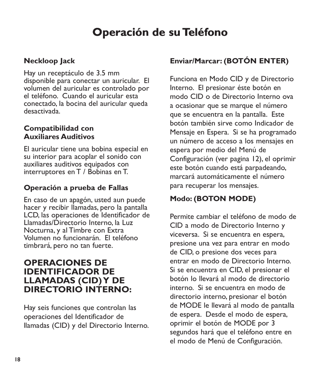 Clarity c2210 manual Operaciones De Identificador De Llamadas Cid Y De Directorio Interno, Operación a prueba de Fallas 