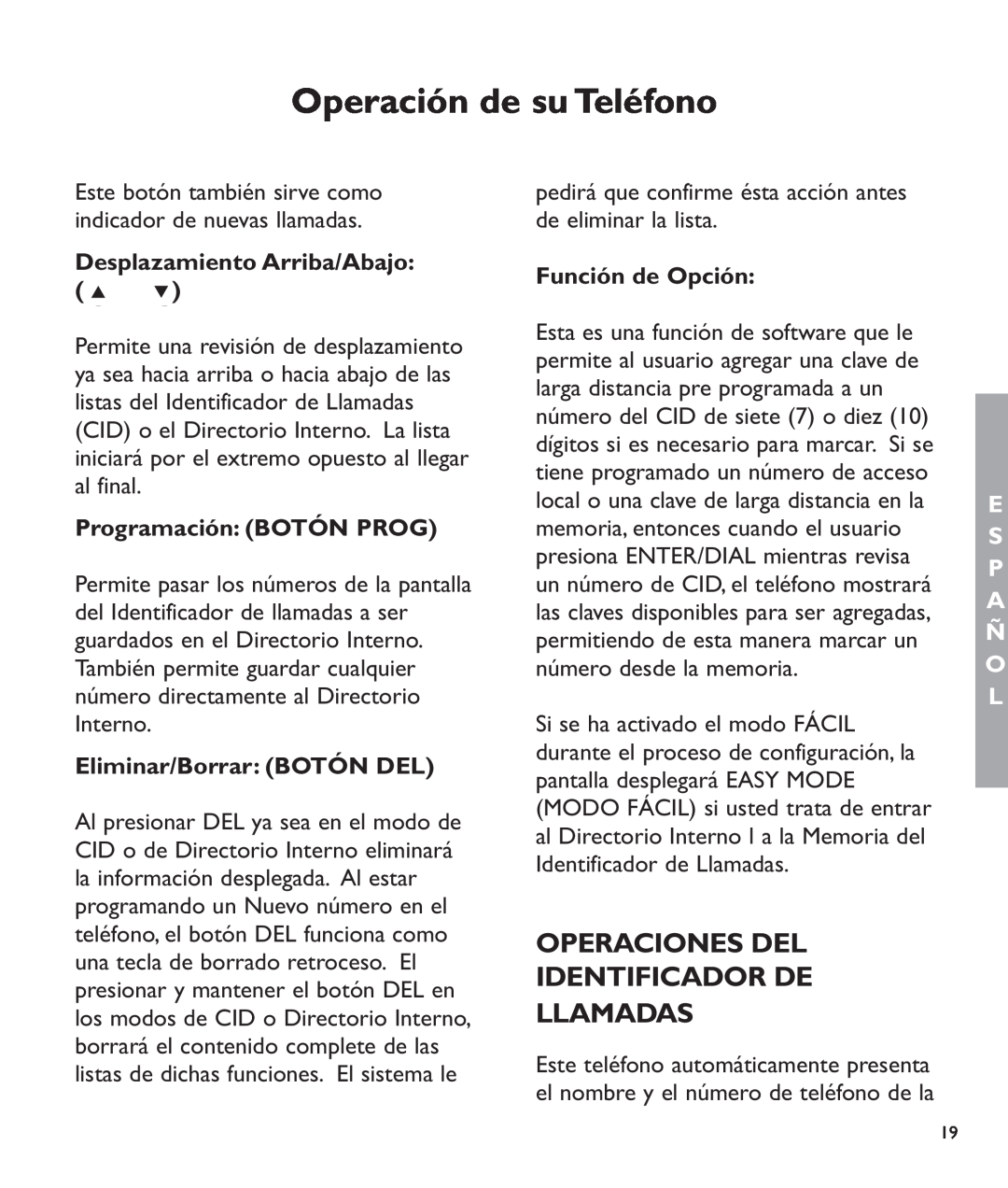 Clarity c2210 manual Operaciones Del Identificador De Llamadas, Desplazamiento Arriba/Abajo, Programación BOTÓN PROG 
