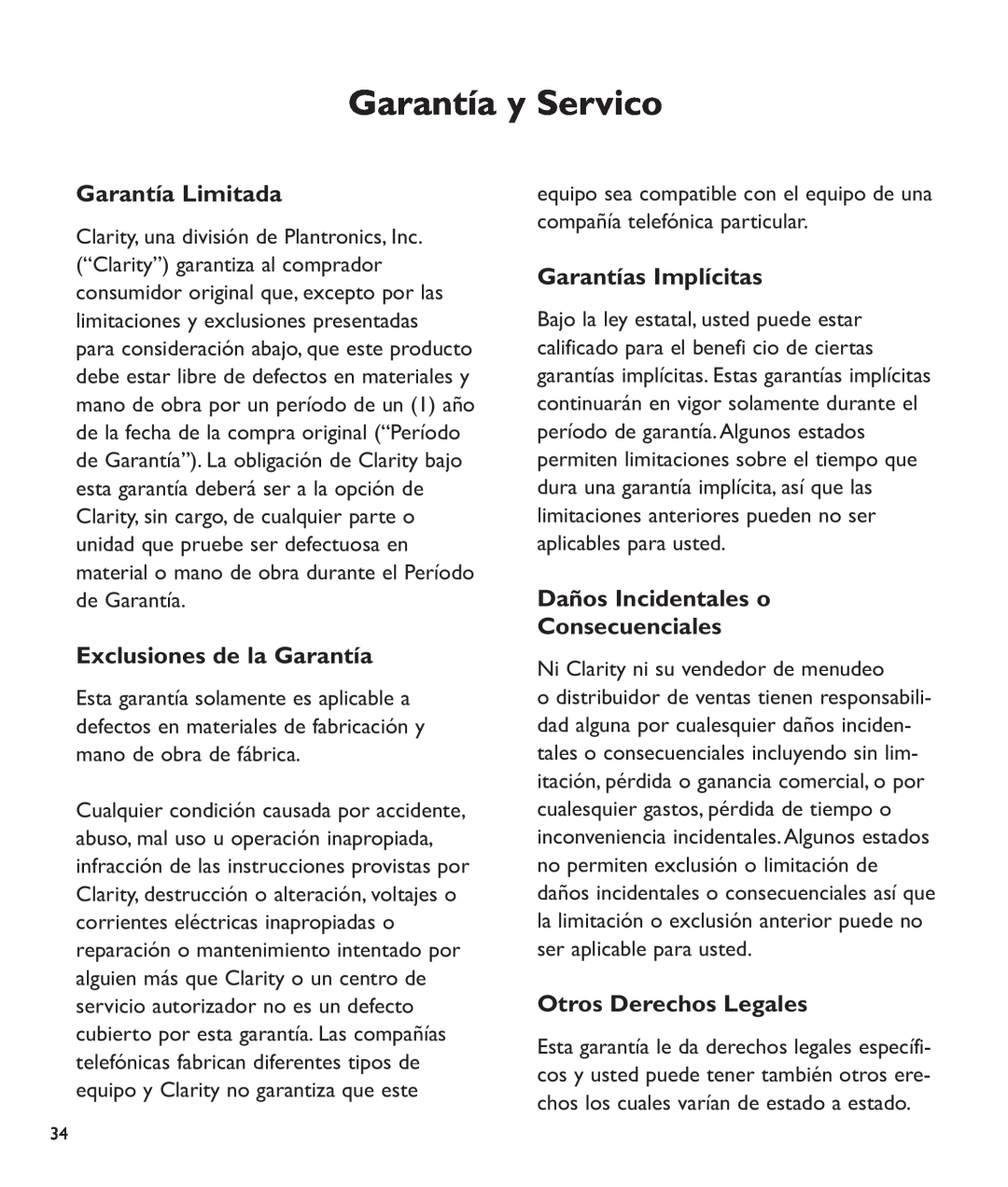 Clarity c2210 manual Garantía y Servico, Garantía Limitada, Exclusiones de la Garantía, Garantías Implícitas 