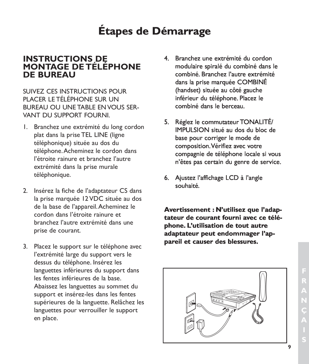 Clarity c2210 manual Instructions De Montage De Téléphone De Bureau, Étapes de Démarrage, F R A N Ç A I S 