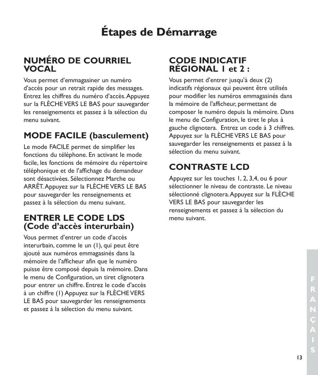 Clarity c2210 manual Numéro De Courriel Vocal, MODE FACILE basculement, CODE INDICATIF RÉGIONAL 1 et, Contraste Lcd 