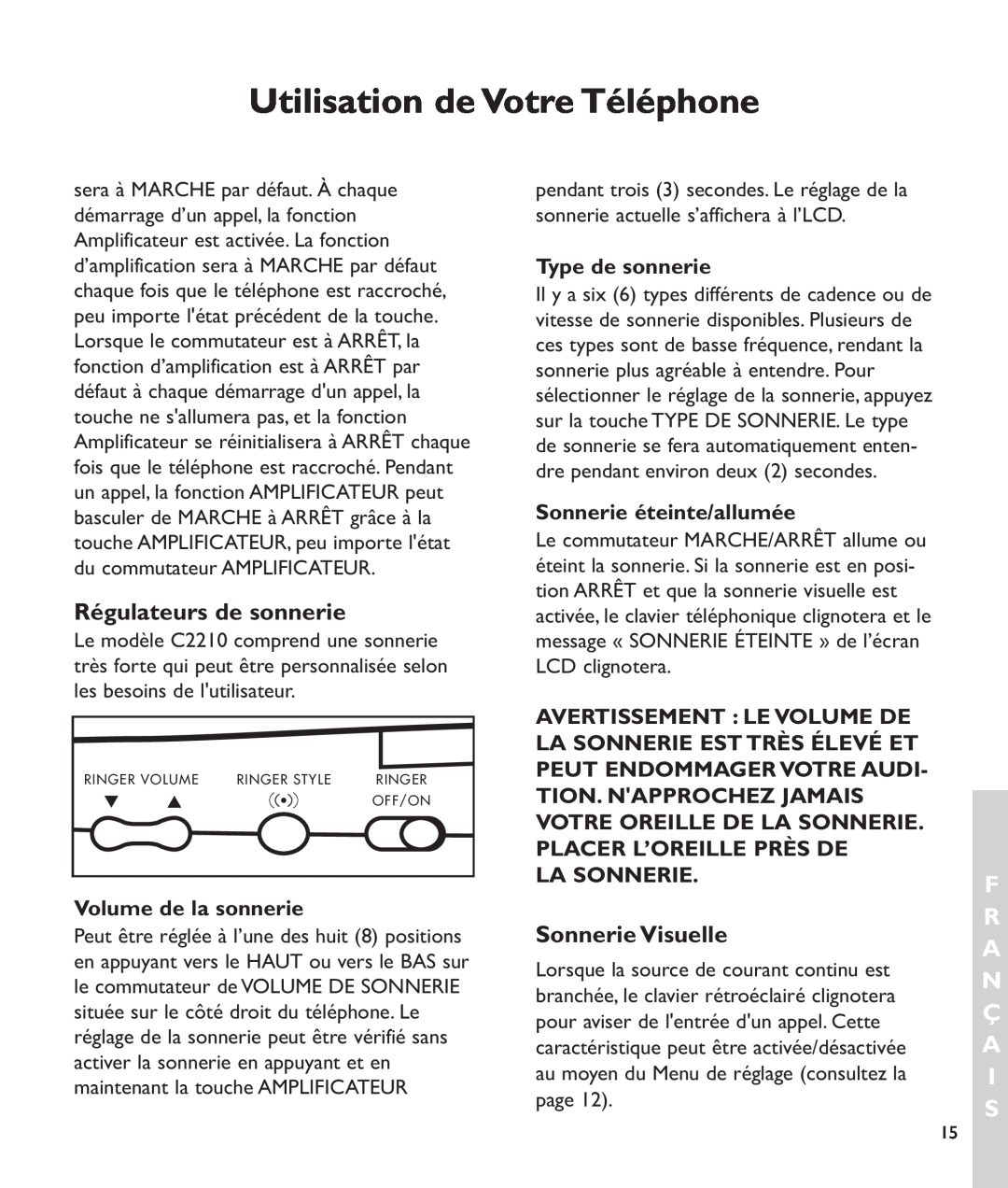 Clarity c2210 Régulateurs de sonnerie, Sonnerie Visuelle, Utilisation de Votre Téléphone, F R A N Ç A I S, La Sonnerie 