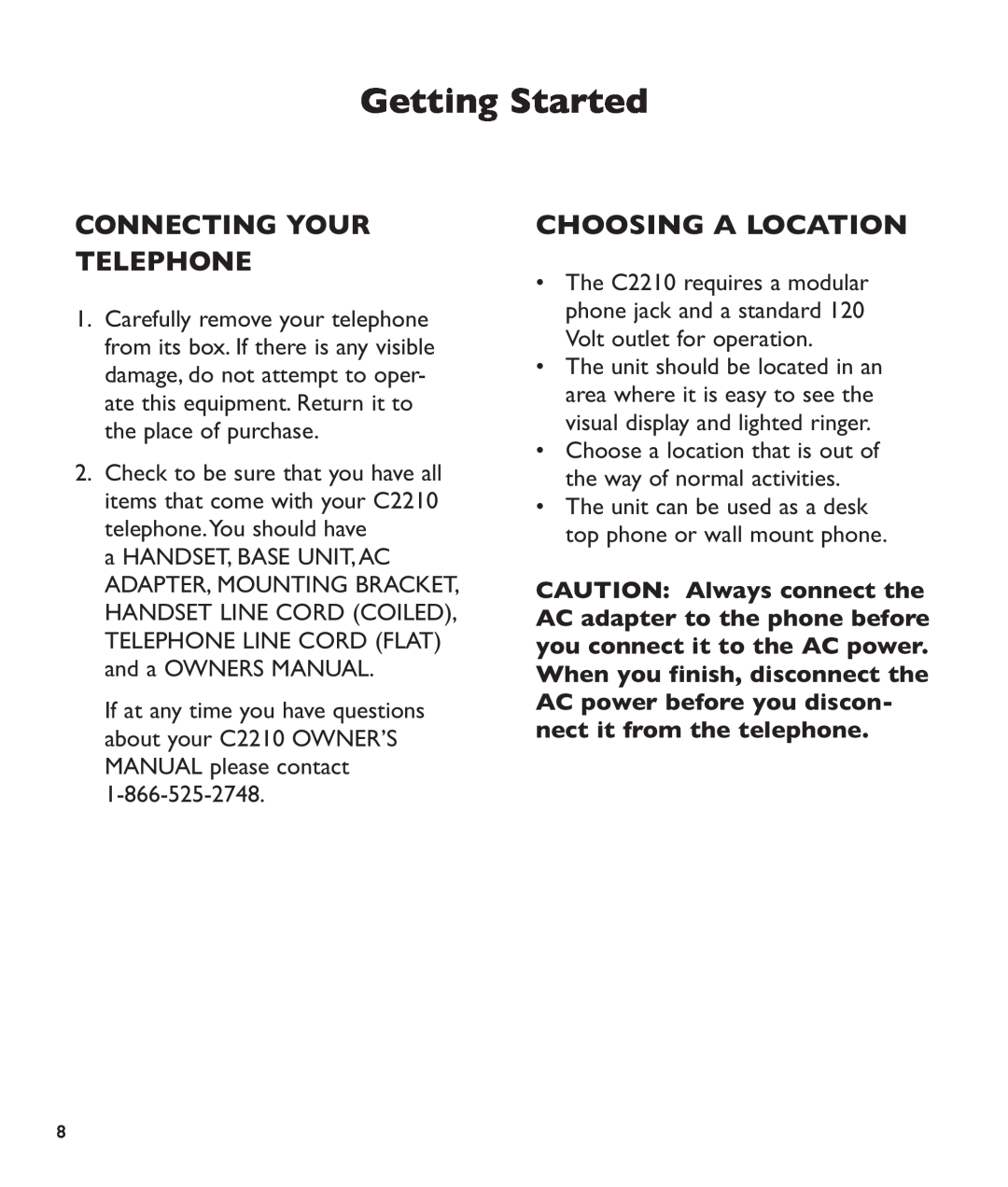 Clarity c2210 manual Connecting Your Telephone, Choosing A Location, Getting Started 