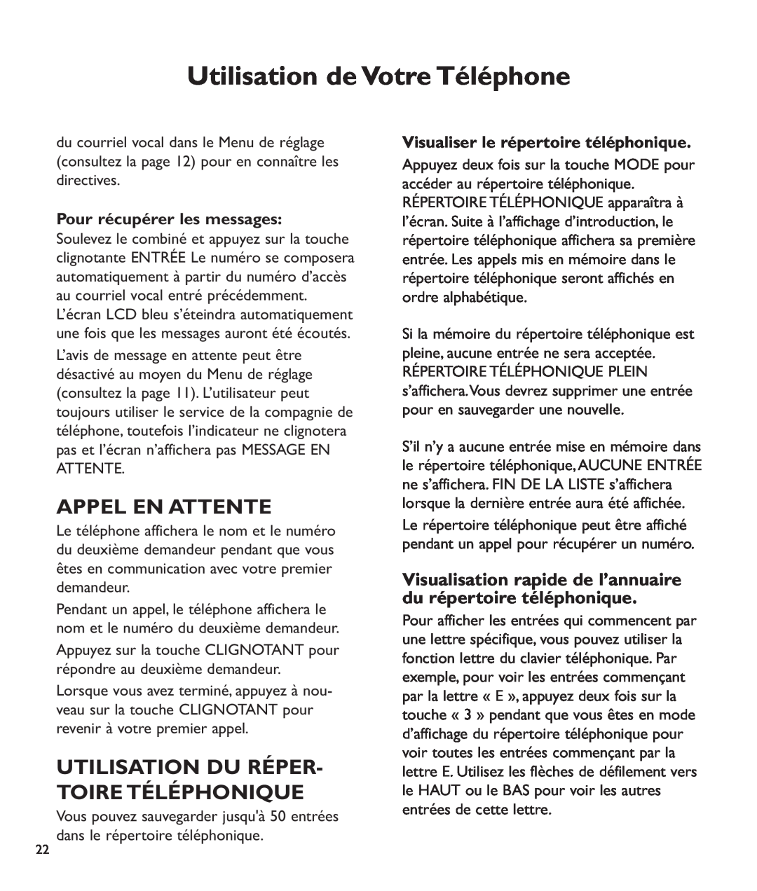 Clarity c2210 manual Appel En Attente, Utilisation Du Réper- Toire Téléphonique, Utilisation de Votre Téléphone 