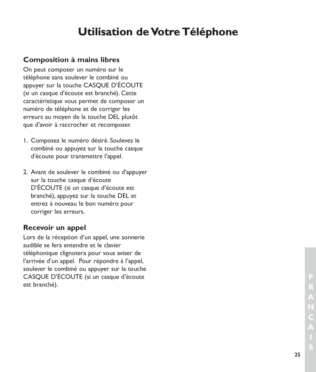 Clarity c2210 manual Composition à mains libres, Recevoir un appel, Utilisation de Votre Téléphone, est branché 
