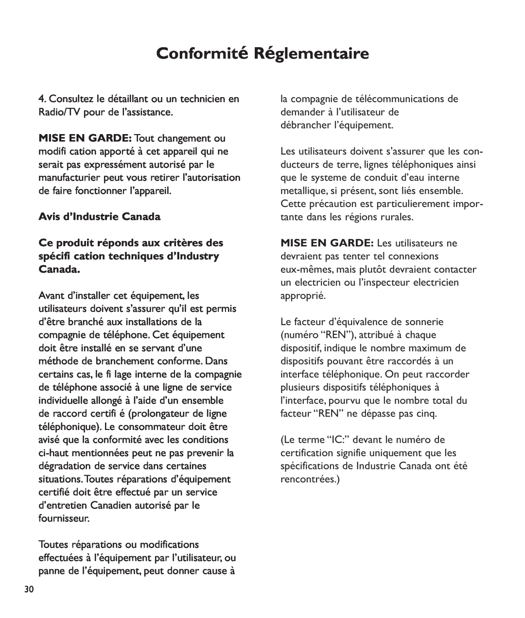 Clarity c2210 manual Conformité Réglementaire, Avis d’Industrie Canada 
